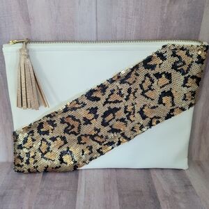 Bindhi & Brutus Cross Strap Sequin Leopard Print & White Faux Leather Clutch